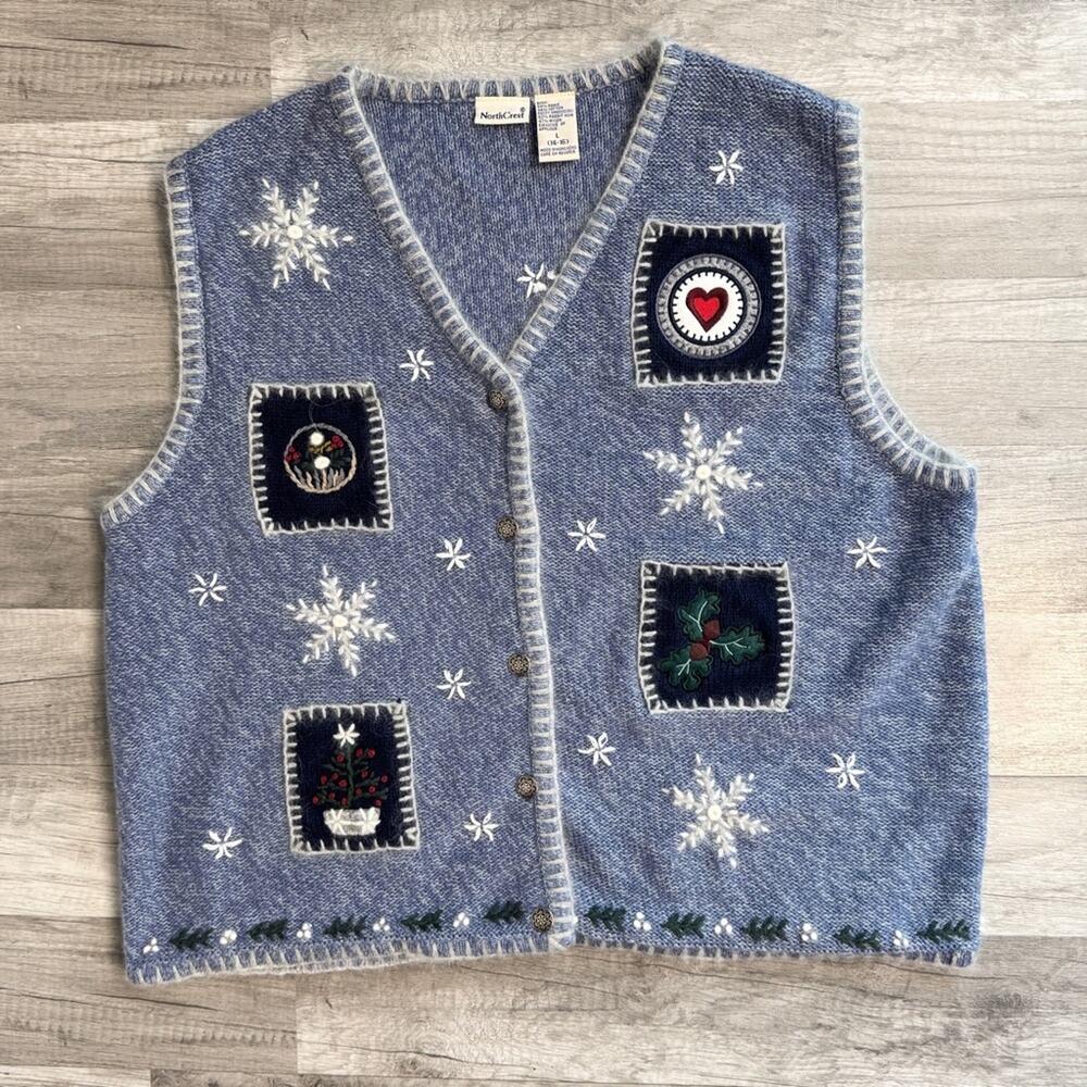 Vintage Snowflake Knit Holiday Novelty Sweater Vest Blue Embroidered Size Large